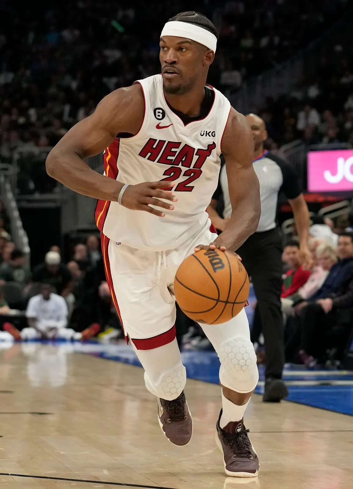 Portrait of Jimmy Butler in a Miami Heat uniform on the basketball court"