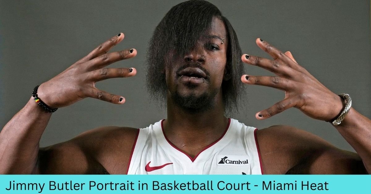 Portrait of Jimmy Butler in a Miami Heat uniform on the basketball court