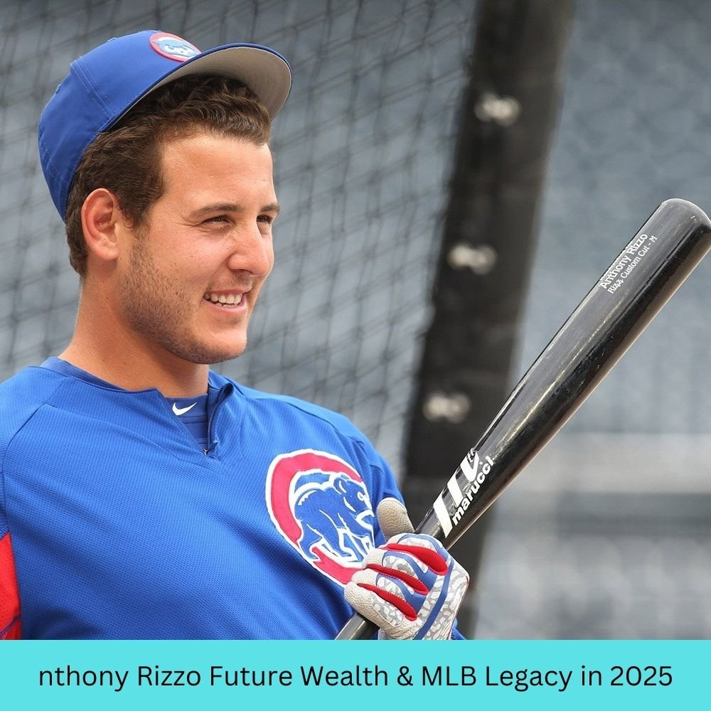 Anthony Rizzo standing confidently in a stadium, symbolizing his future financial success